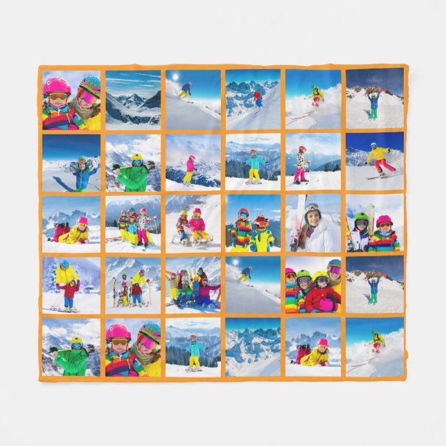 30 Photo Grid Collage Orange Fleece Blanket (Front (Horizontal))