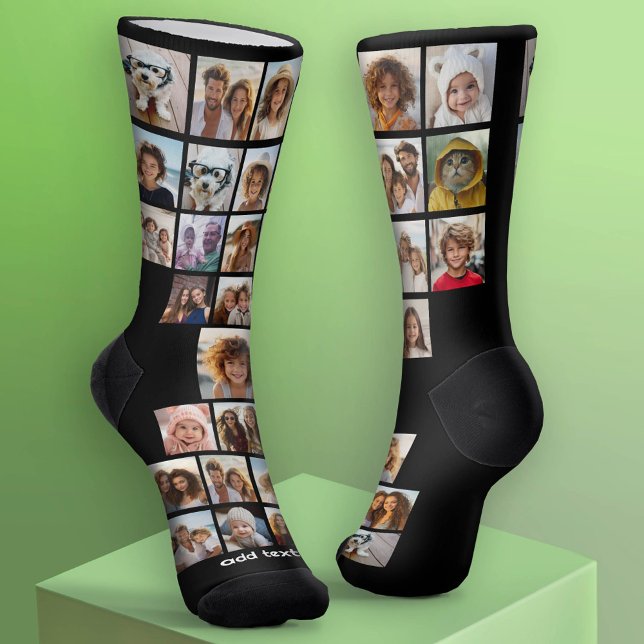 30 Photos - pic grid all over with one line text Socks (Custom Socks - Add Your Photo Collage)
