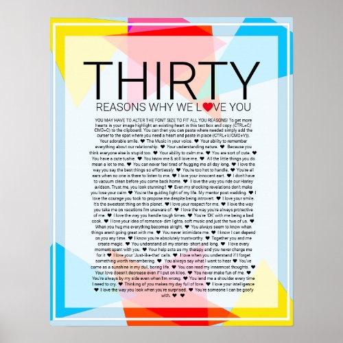 30 reasons why we love you geometric rainbow poster