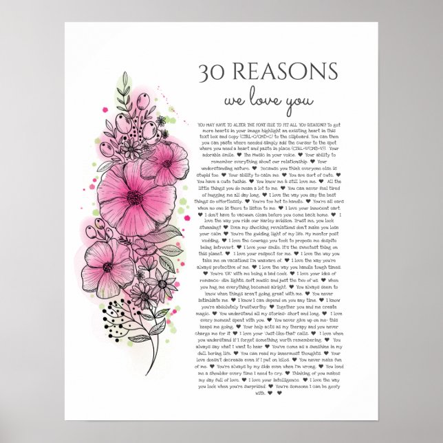 30 reasons why we love you tattoo style gift poster (Front)