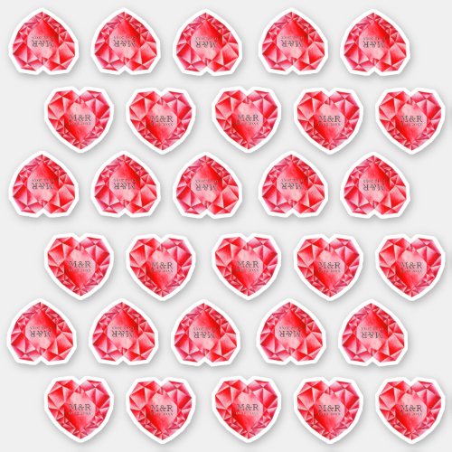  30 Ruby Heart Watercolor Add Monogram Red Wedding Sticker