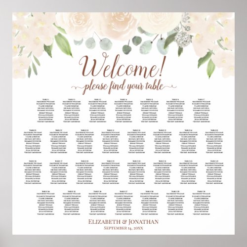 30 Table Blush Peach Roses Wedding Seating Chart