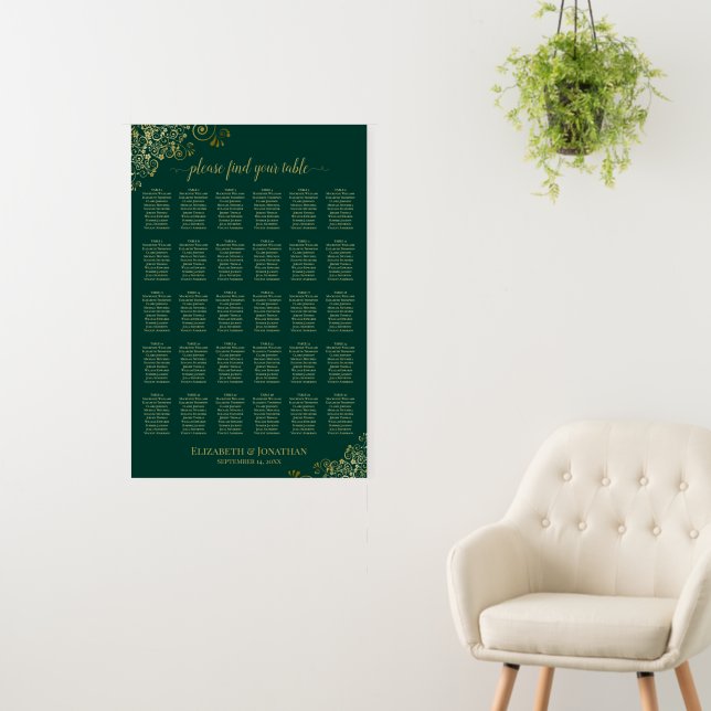 30 Table Emerald & Gold Chic Wedding Seating Chart Foam Board (In Situ (Wall))