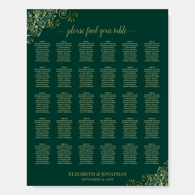 30 Table Emerald & Gold Chic Wedding Seating Chart Foam Board (Front)