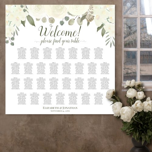 30 Table Ivory White Roses Wedding Seating Chart