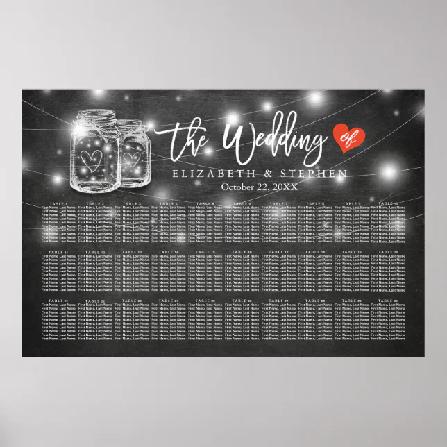 30+ Tables Wedding Seating Chart Mason Jar Lights | Zazzle