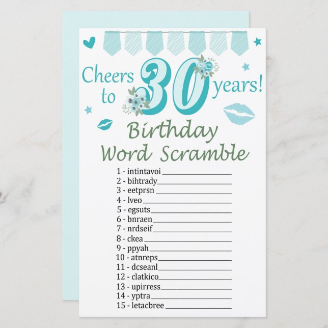 30 th Birthday Word Scramble Game (Front/Back)