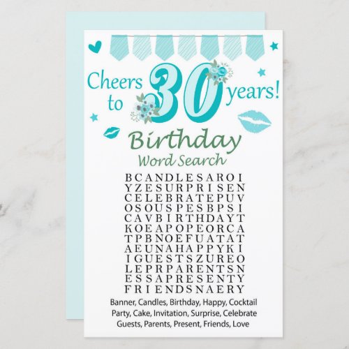 30 th Birthday Word Search Game