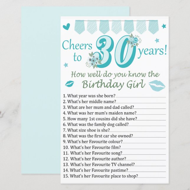 30 th How well do you know the birthday girl (Front/Back)