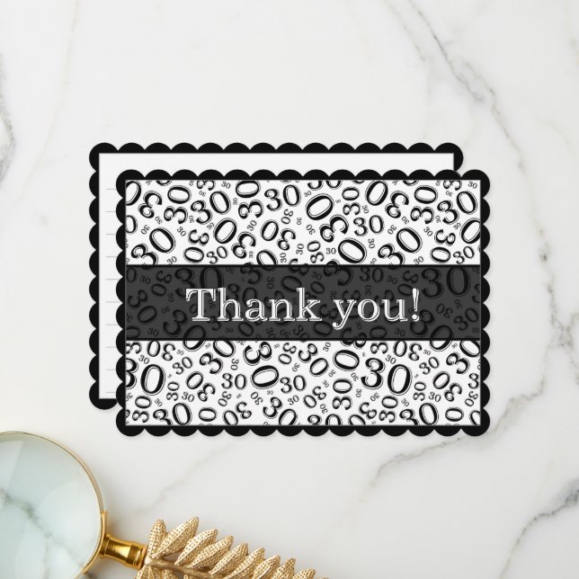 30 "Thank you!" Black/White Number Pattern Thank You Card (Front/Back In Situ)
