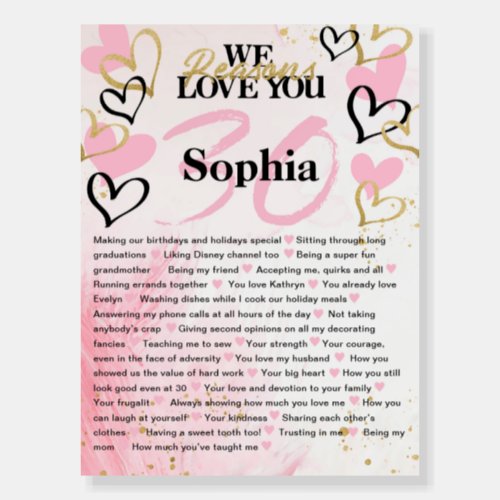 30 Things We Love About You Pink Heart Board