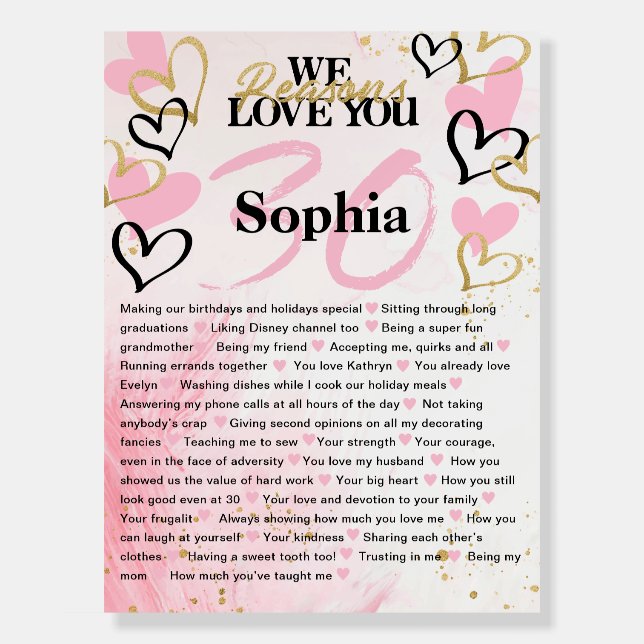 30 Things We Love About You Pink Heart Board (Front)