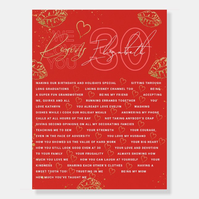 30 Things We Love About You Red Gold Board (Front)