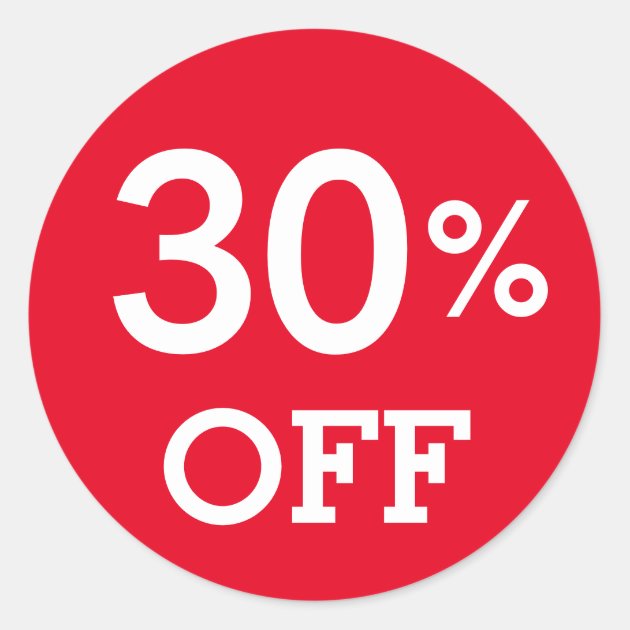 30% Thirty percent OFF discount sale white red Classic Round Sticker |  Zazzle