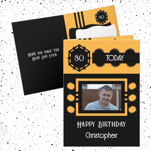 30 today add photo name black orange birthday card