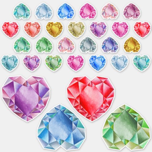 30 Watercolor Heart Gemstone Colorful Scrapbooking Sticker