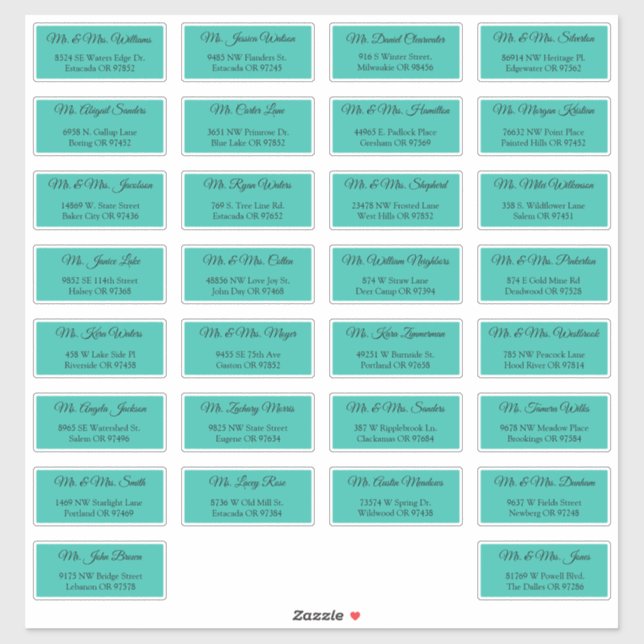 30 Wedding Guest Address Labels Aqua Green (Sheet)