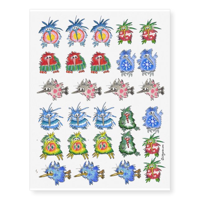 30 Wild Cartoon Kiwi Birds Temporary Tattoos (Front)