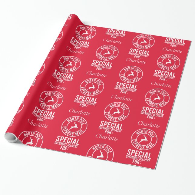 30"x15' Red White Name From Santa Wrapping Paper (Unrolled)