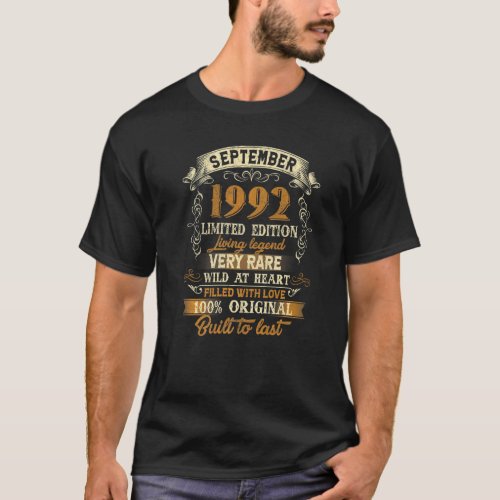 30 Year Old Gift Vintage September 1992 30th Birth T_Shirt