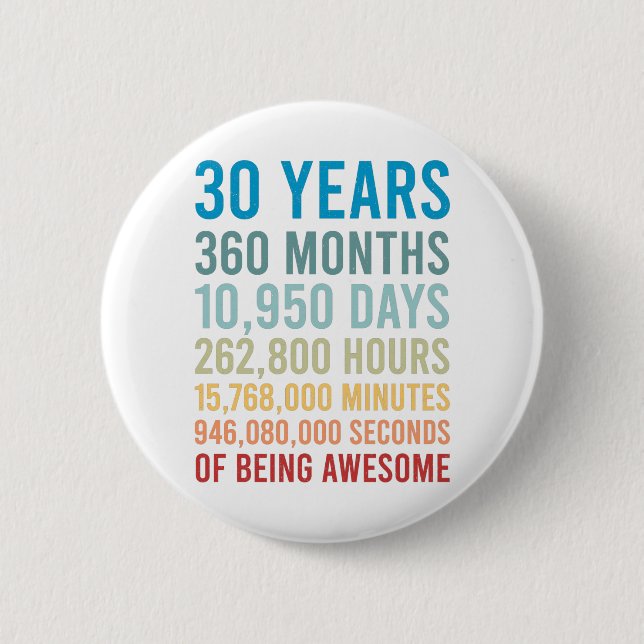 30 Years 360 Months 10950 Days Being Awesome Birth Button (Front)