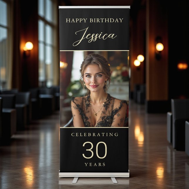 30 Years Birthday Black & Gold Photo Retractable Banner (Creator Uploaded)