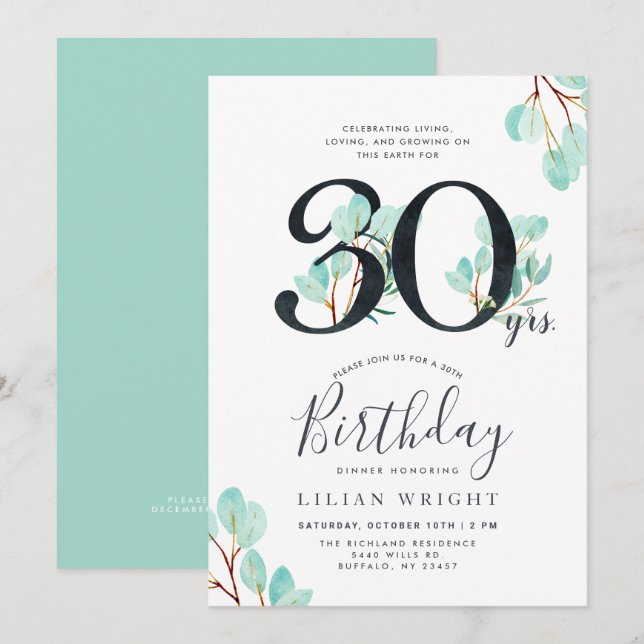 30 Years Growing | 30th Birthday | Eucalyptus Invitation (Front/Back)