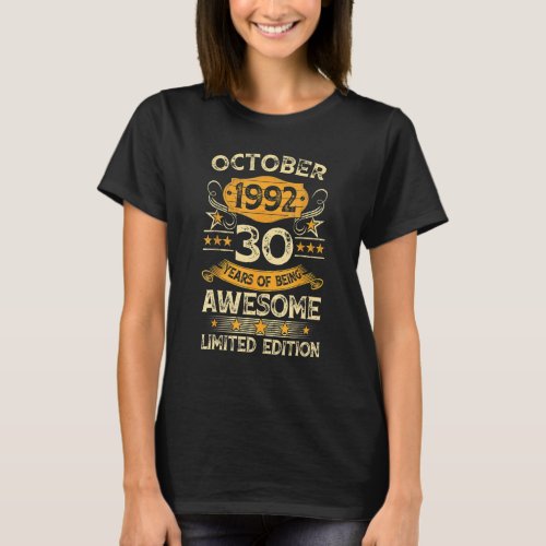 30 Years Old  Vintage October 1992 30th Birthday R T_Shirt
