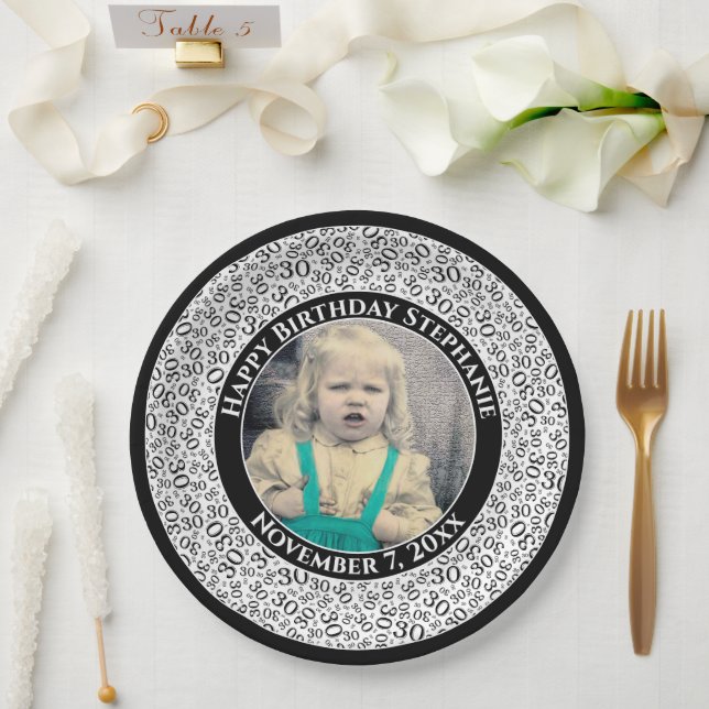 30 Your Photo Random Number Pattern Black/White Paper Plates (Wedding)