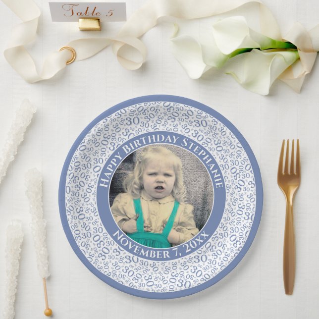 30 Your Photo Random Number Pattern Blue/White Paper Plates (Wedding)