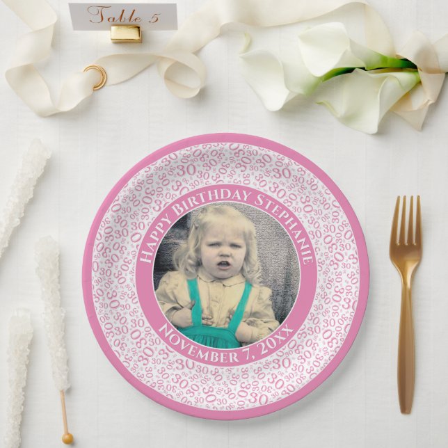 30 Your Photo Random Number Pattern Pink/White Paper Plates (Wedding)