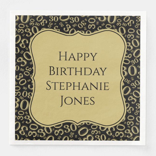 30h Birthday Black/Gold Bracket Number Pattern Paper Dinner Napkins (Front)