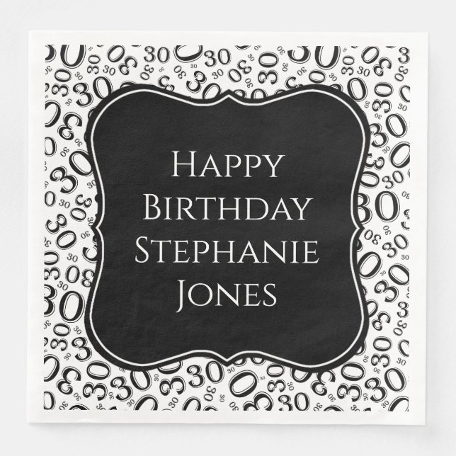 30h Birthday Black/White Bracket Number Pattern Paper Dinner Napkins (Front)