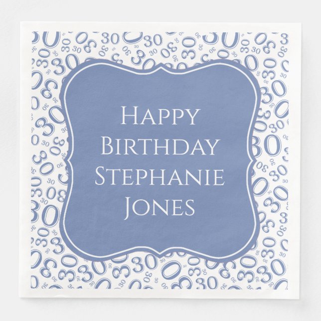 30h Birthday Blue/White Bracket Number Pattern Paper Dinner Napkins (Front)
