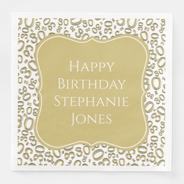 30h Birthday Gold/White Bracket Number Pattern Paper Dinner Napkins (Front)