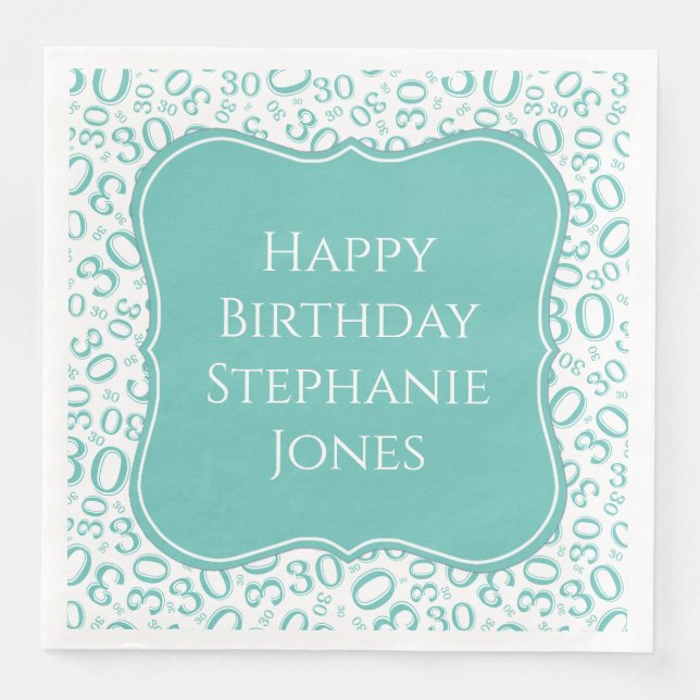 30h Birthday Teal/White Bracket Number Pattern Paper Dinner Napkins (Front)