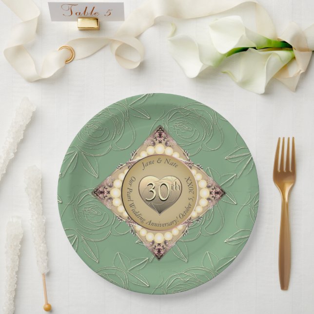 30th/12th Pearl & Green Wedding Anniversary  Paper Plates (Wedding)
