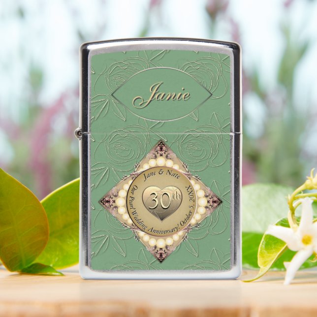 30th/12th Pearl Wedding Anniversary Zippo Lighter (On Table)