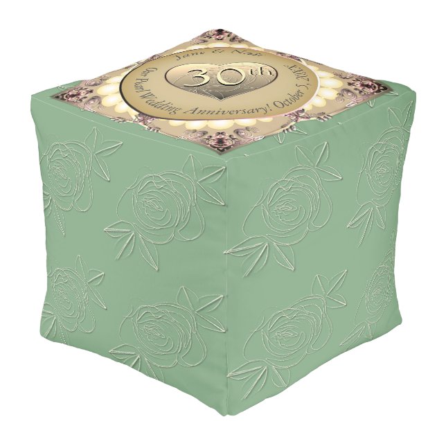 30th/12th Pearls & Green Cube Pouf (Angled Front)
