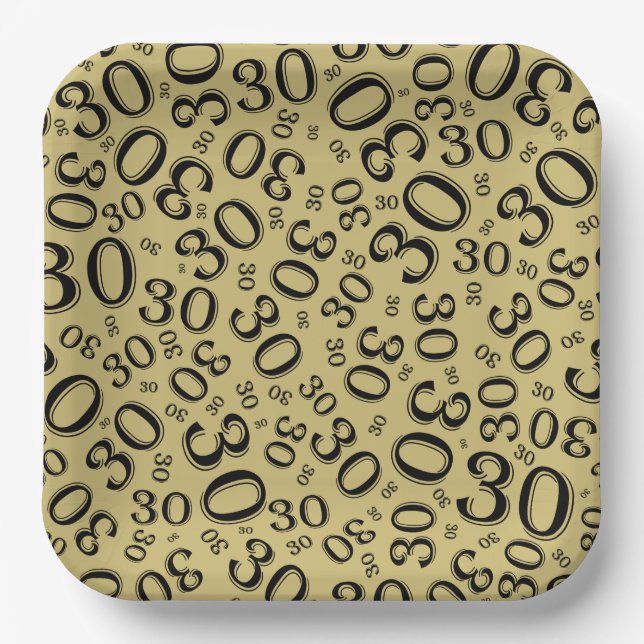 30th Age Random Number Pattern Black/Gold Paper Plates (Front)
