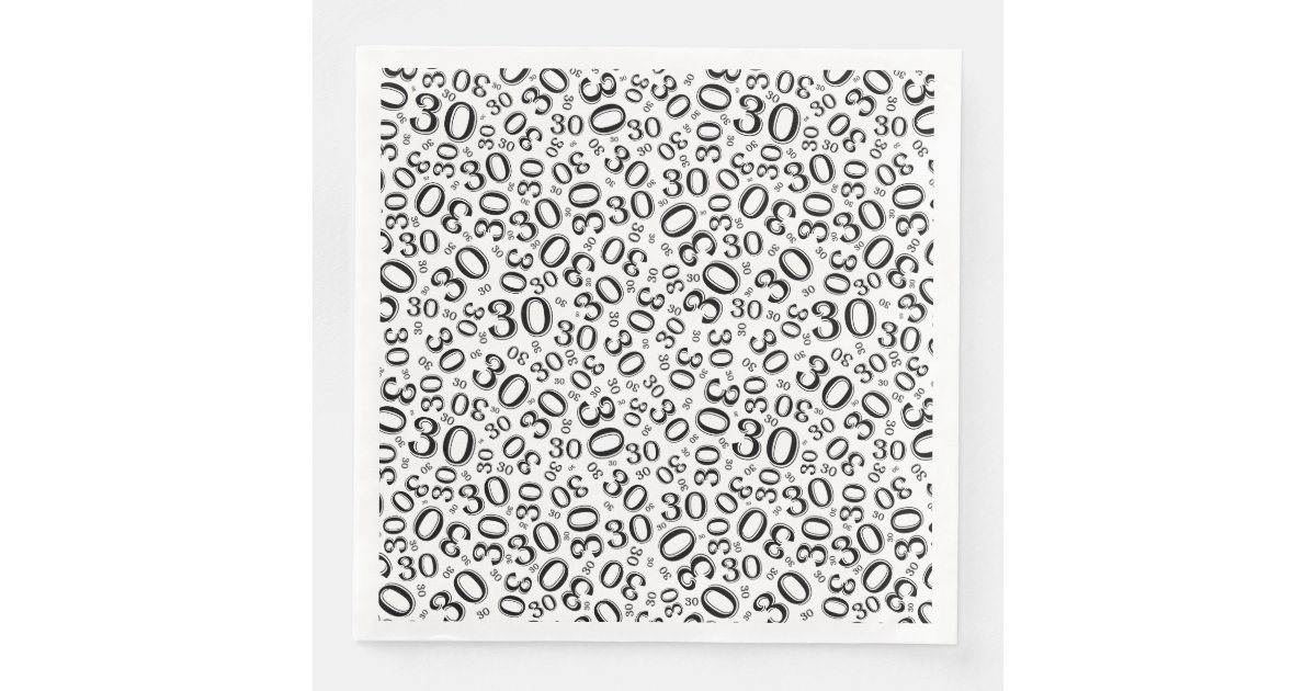 30th Age Random Number Pattern Black/White Paper Dinner Napkins | Zazzle