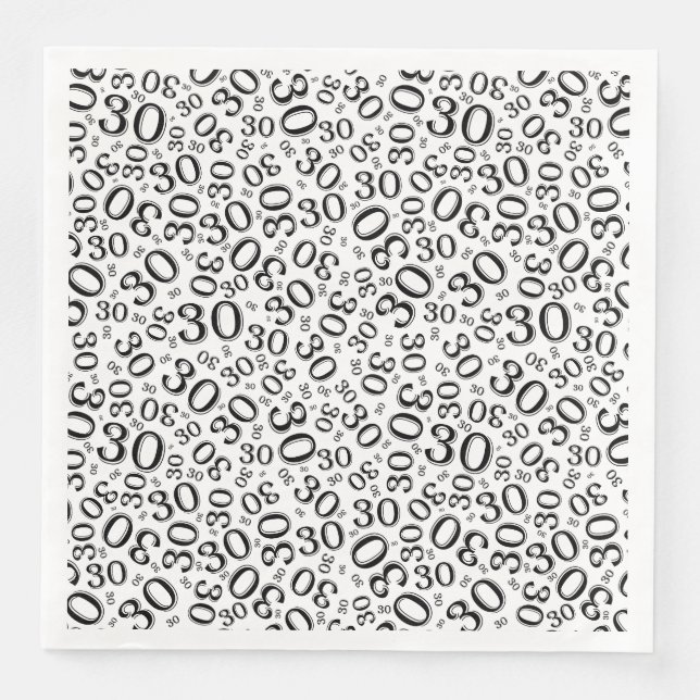 30th Age Random Number Pattern Black/White Paper Dinner Napkins (Front)