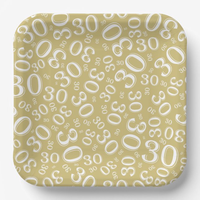 30th Age Random Number Pattern Gold/White  Paper Plates (Front)