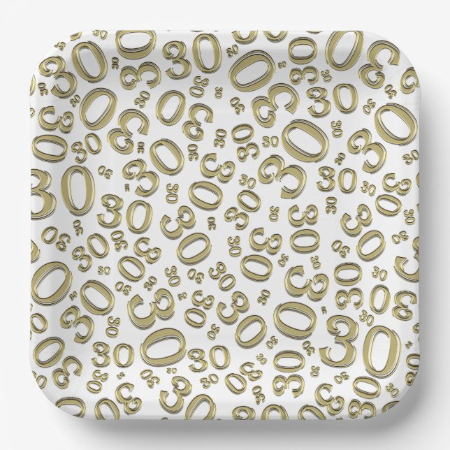 30th Age Random Number Pattern White/Gold  Paper Plates (Front)