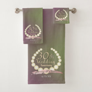 30th and 12th Wedding Anniversary" Pearls and Moss Bath Towel Set