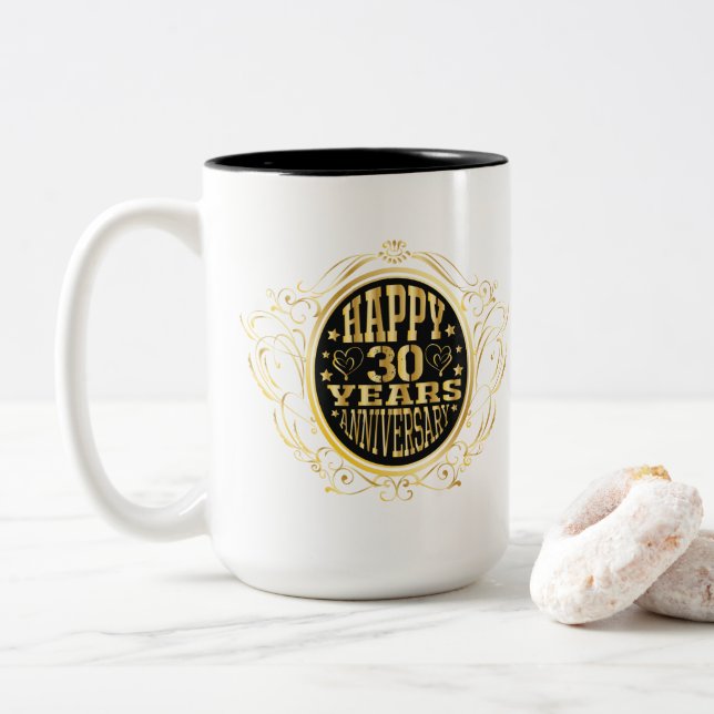 30th Anniversary add names date Two-Tone Coffee Mug (With Donut)