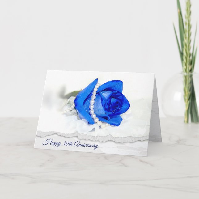 30th Anniversary Blue Rose and Pearls Card (Front)