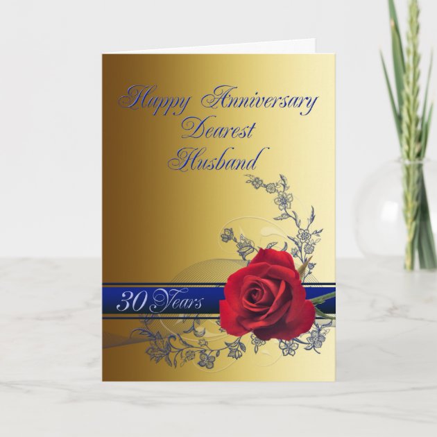 30th Anniversary card for husband with a red rose | Zazzle