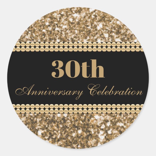 30th Anniversary Celebration Gold Glitter Pearls Classic Round Sticker (Front)