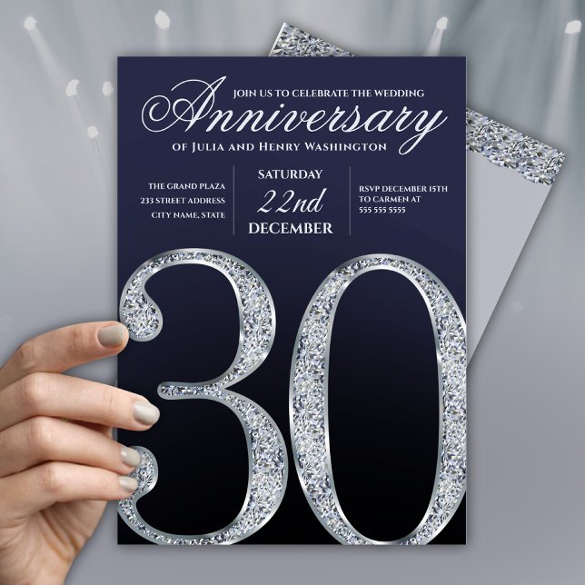 30th Anniversary Diamond Silver Navy Blue Invitation (Creator Uploaded)